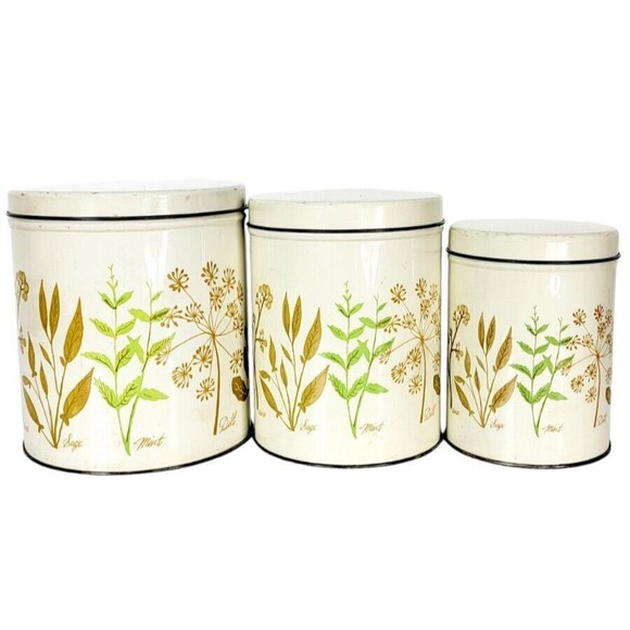 VTG MCM Botanical "Herbs" Nesting Storage Tins Set of Three Storage Canisters - Picture 1 of 16